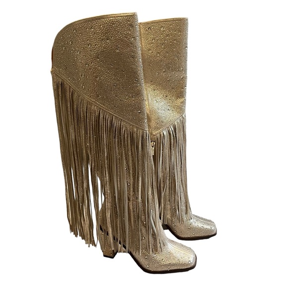 NWOT Jessica Simpson Gold Asire2 Rhinestone Embellished Fringe Boots, Sz… - Picture 7 of 14
